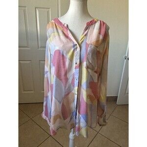ZAC & RACHEL Roll Tab Sleeve Button‎ Down Blouse Womens Size XXL color Pastel